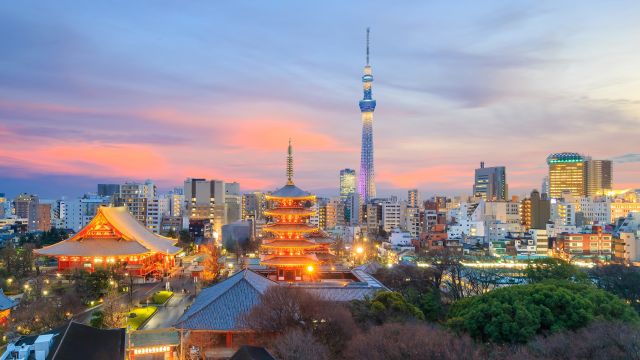 Blick auf Tokios Skyline zum Sonnenuntergang